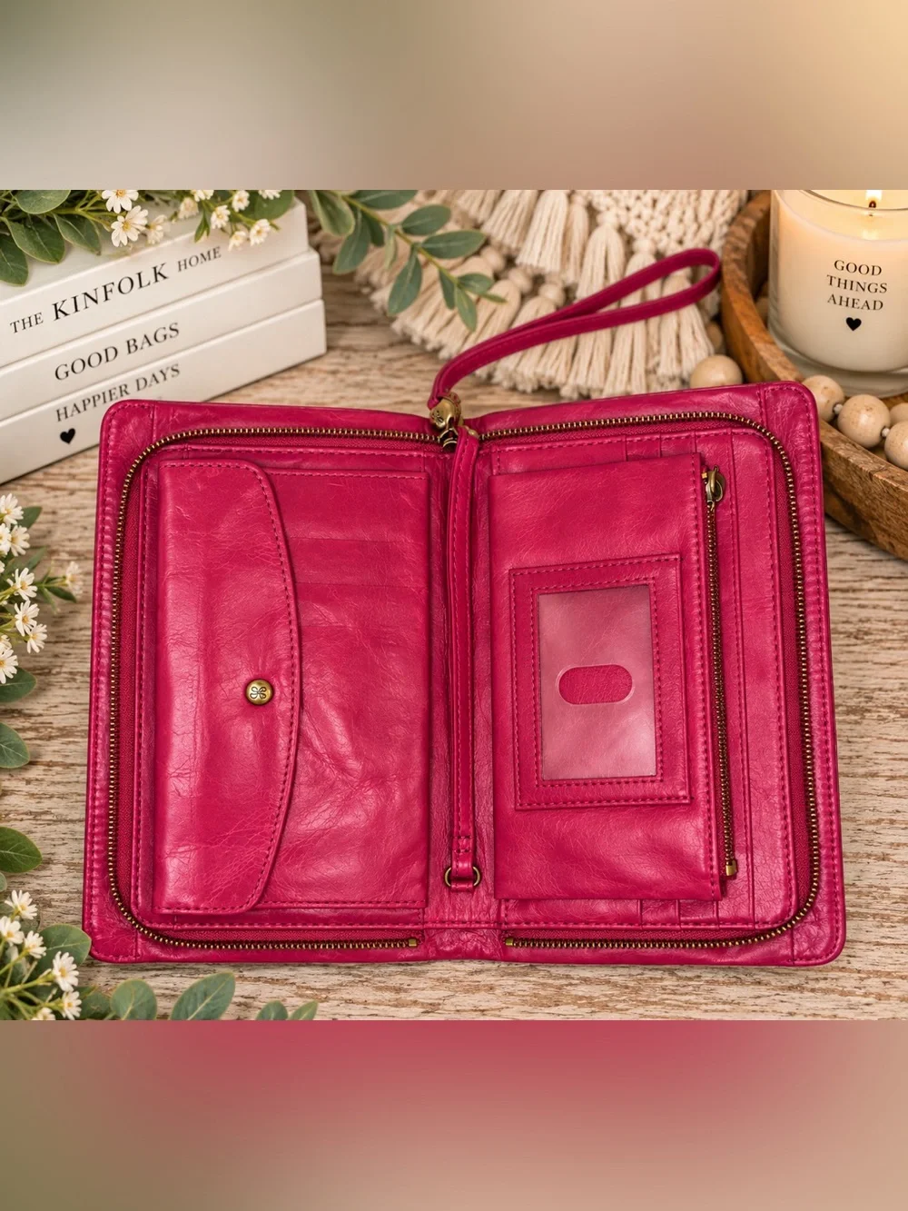 HOBO International Hot Pink Leather Zip-Around Organizer Wristlet Wallet